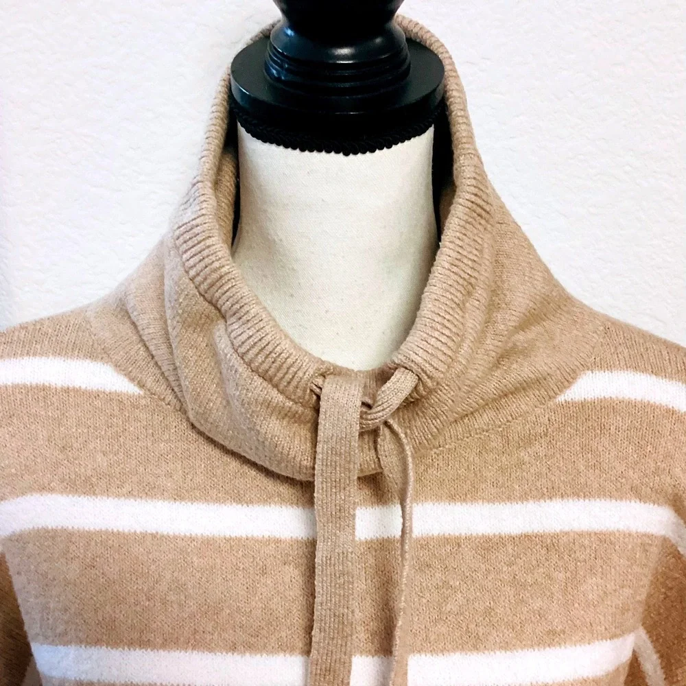 LOFT Womens Tan White Striped Funnel Neck Tunic Sweater Kangaroo Pocket Large